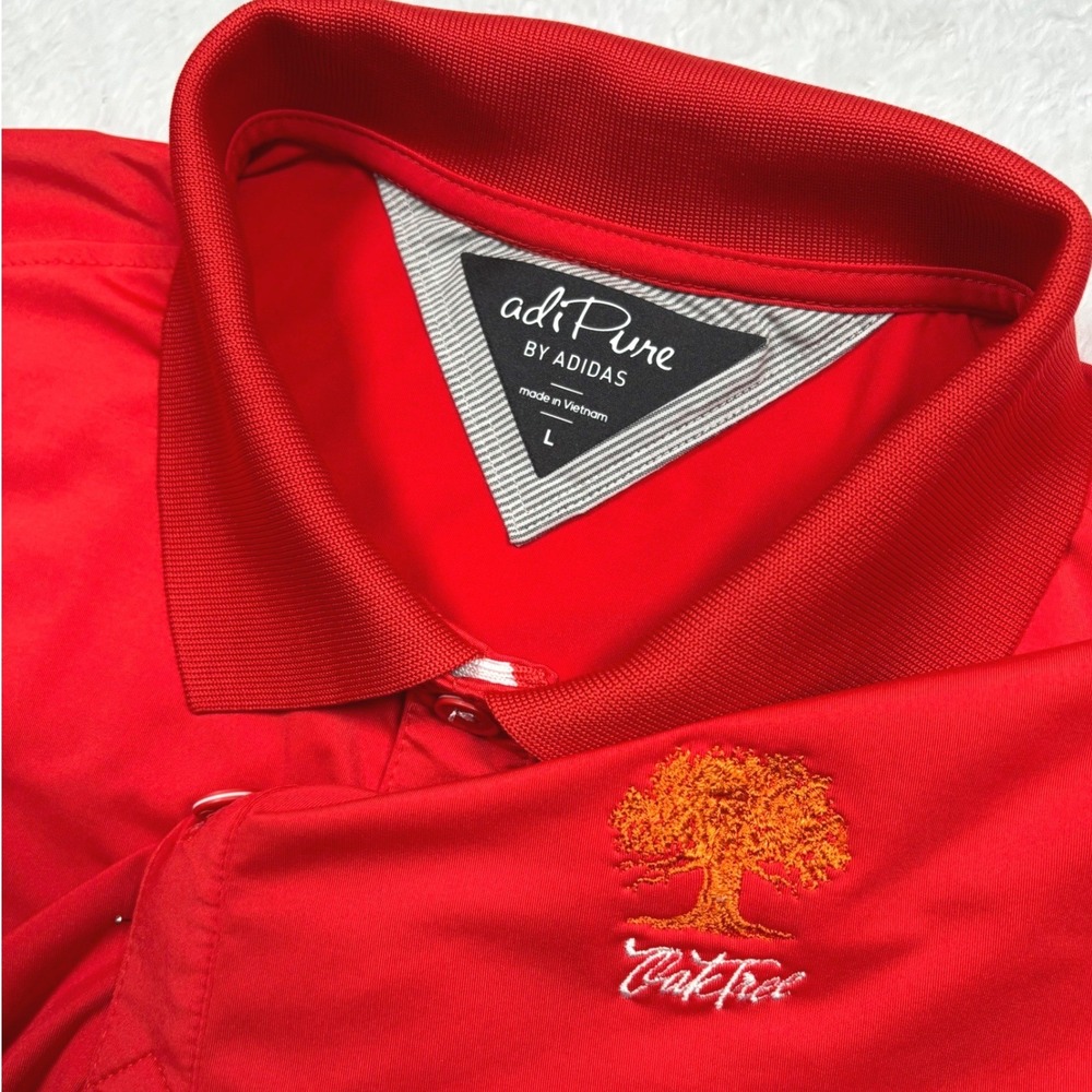 Adidas adiPure Oak Tree Golf Polo Shirt Men L Red Performance Logo Stretch Wick